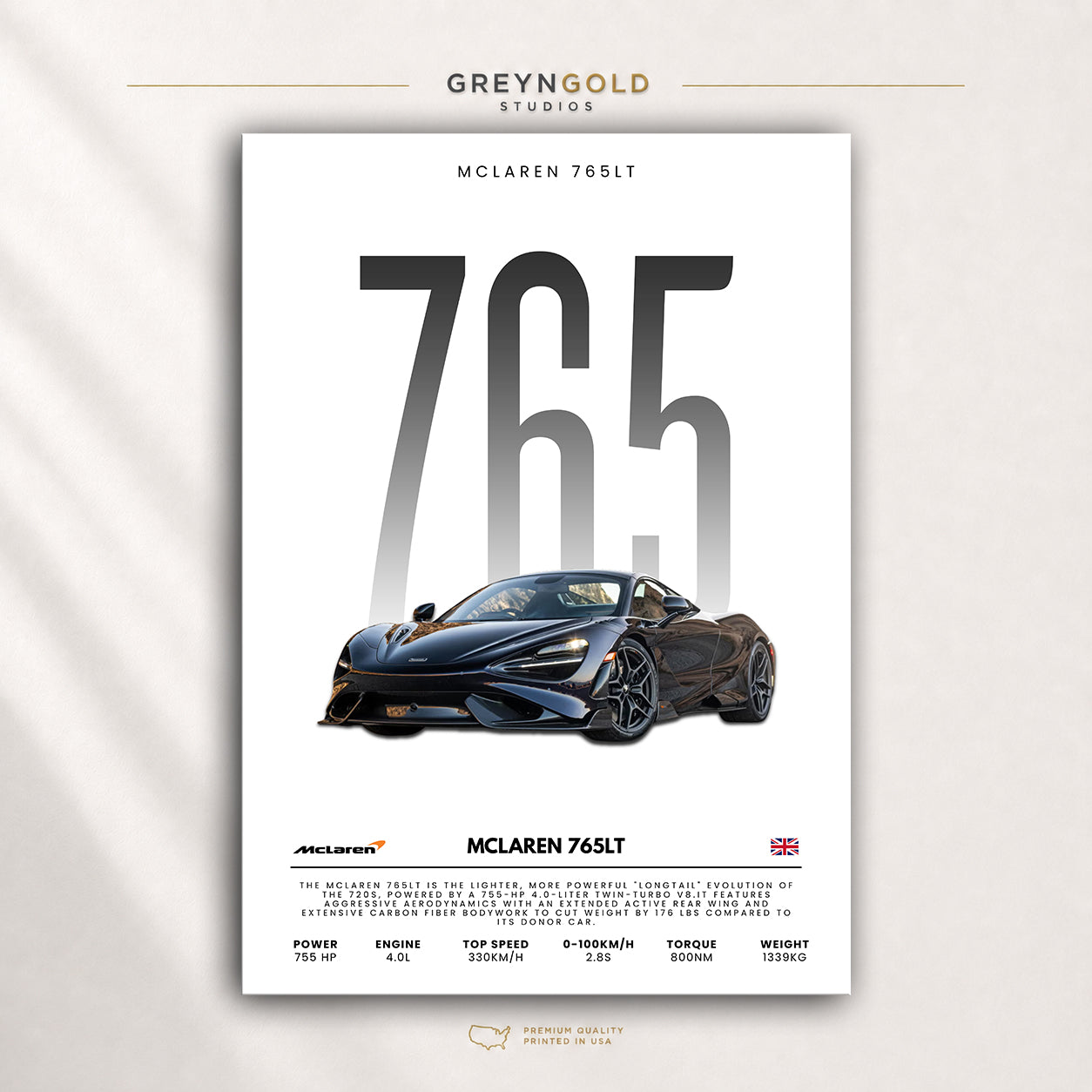 McLaren 765LT British Supercar Wall Art - Exotic Sports Car Specification Print, Luxury Performance Car Decor, Racing Garage Art, Car Lover Gift Premium Poster Print - Pick Size