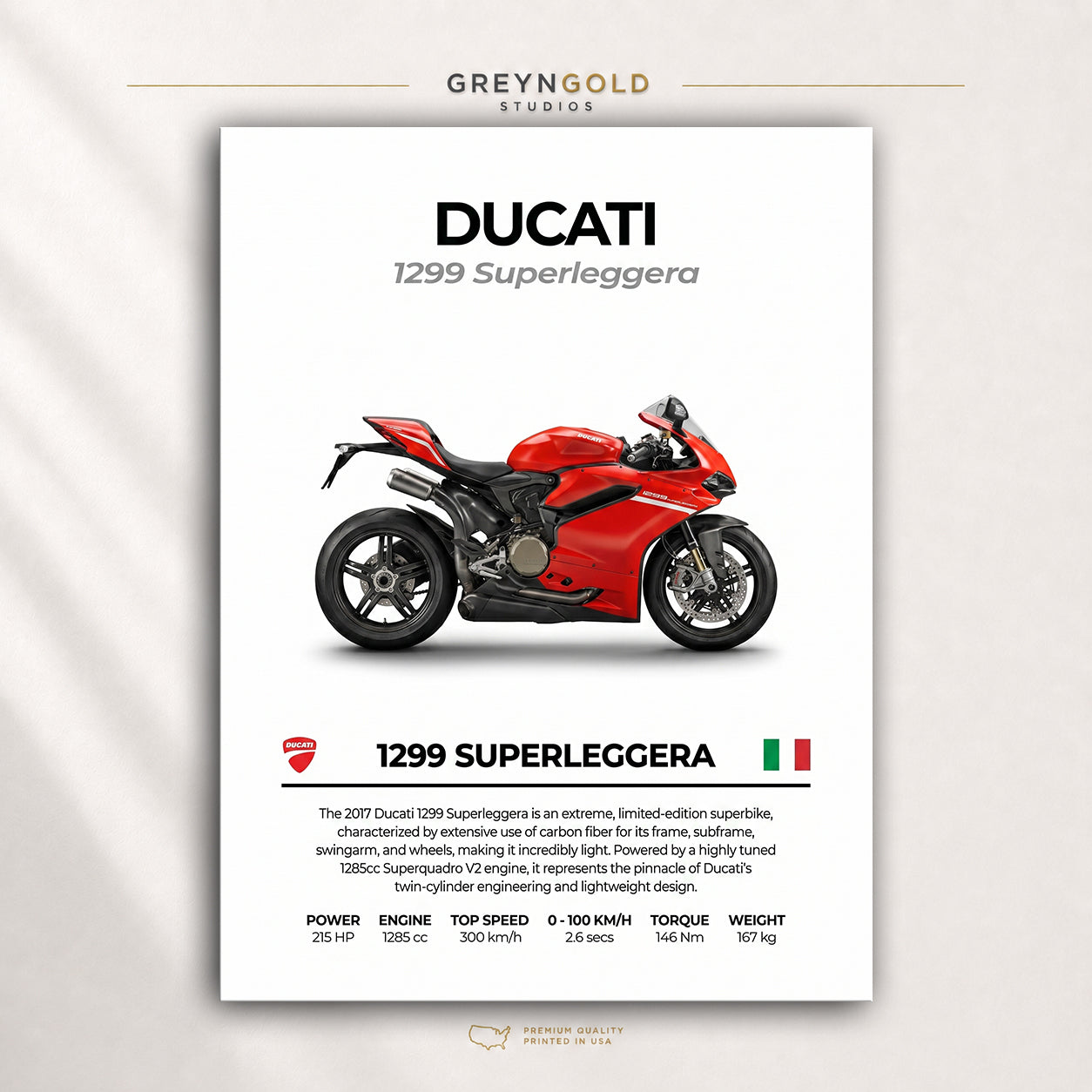 Ducati 1299 Superleggera Superbike Wall Art – Italian Sports Motorcycle Print, Racing Bike Decor, High Performance Motorbike Artwork, Garage Man Cave Biker Gift Premium Poster Print - Pick Size