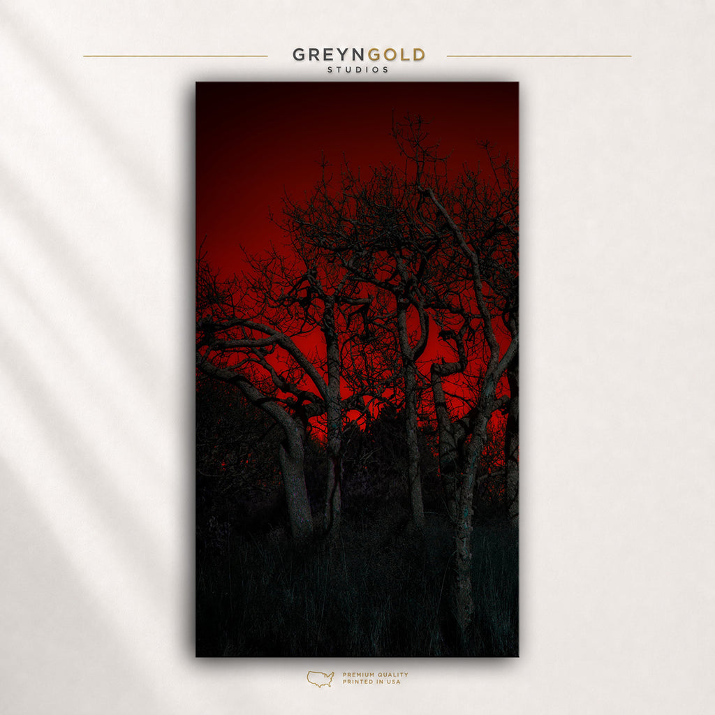 Dark Red Forest Wall Art - Woodland Landscape Print, Black Tree Nature Poster, Moody Red Forest Decor, Bedroom Living Room Wall Art Premium Poster Print - Pick Size
