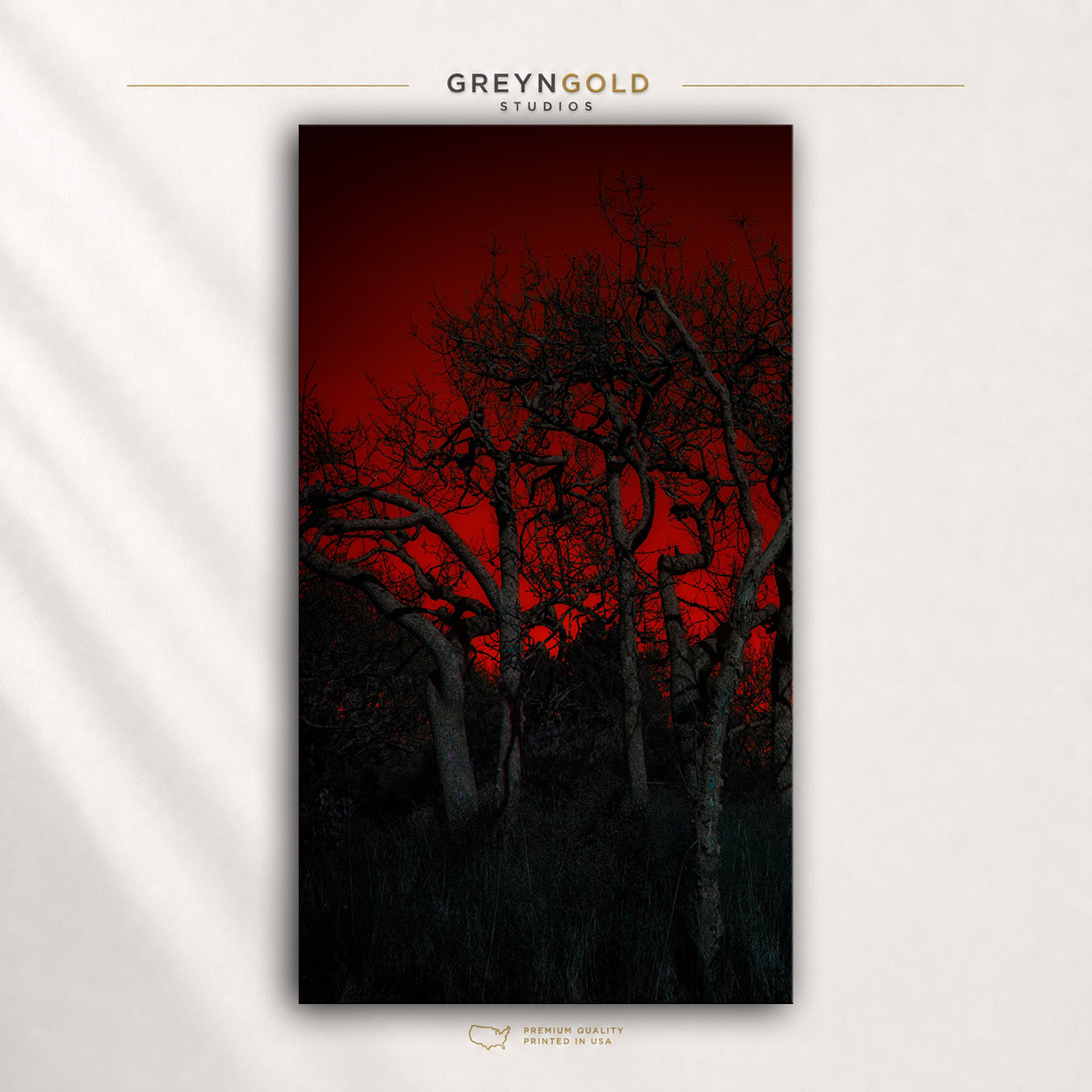 Dark Red Forest Wall Art - Woodland Landscape Print, Black Tree Nature Poster, Moody Red Forest Decor, Bedroom Living Room Wall Art Premium Poster Print - Pick Size