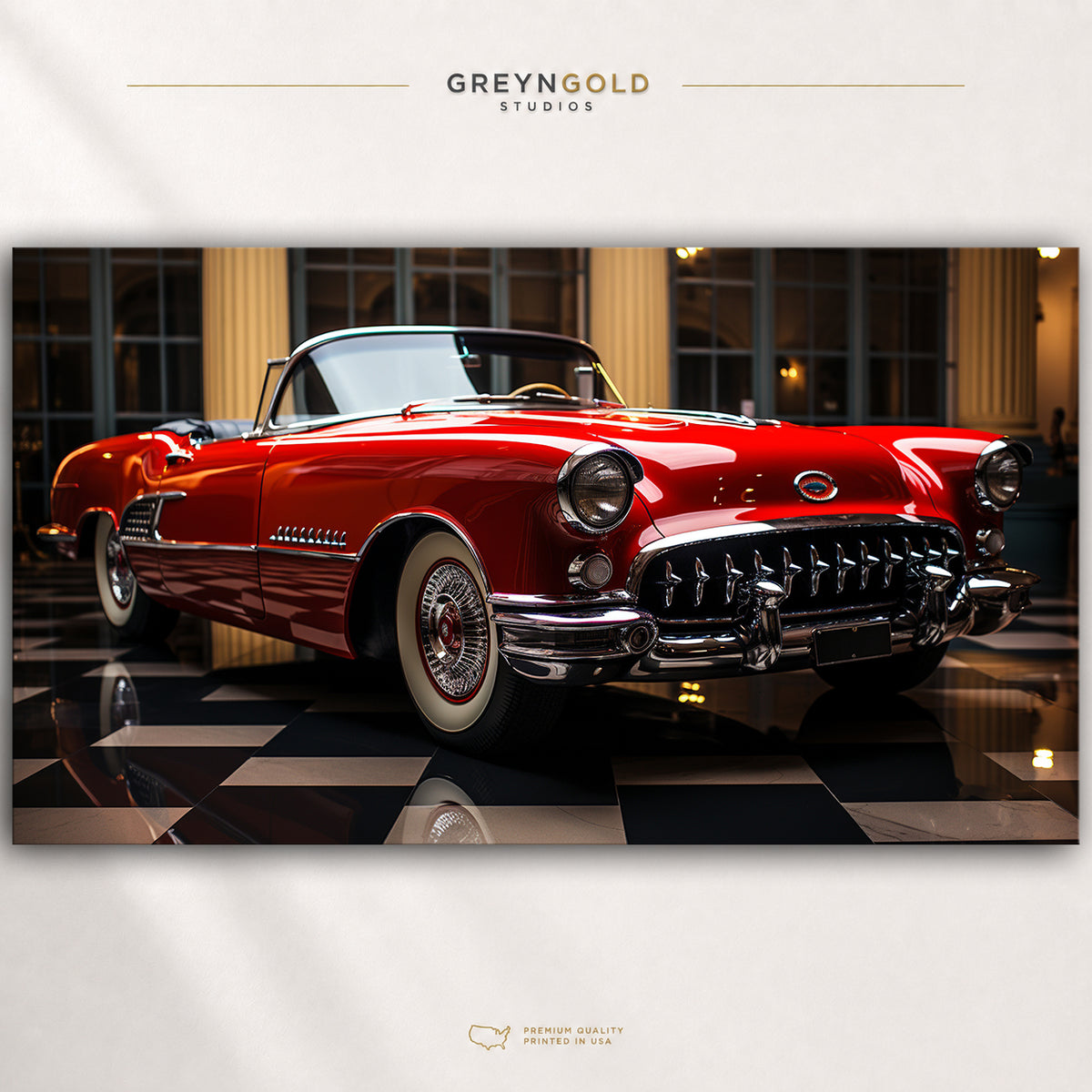 1950s Red Classic Convertible Poster – Vintage American Car Wall Art & Retro Luxury Roadster Print, Garage Man Cave Decor Premium Poster Print - Pick Size