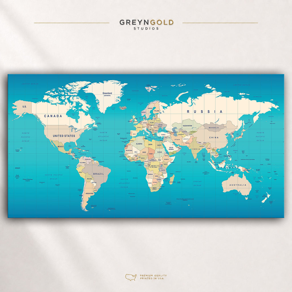 Political World Map Wall Art Poster – Detailed Countries & Continents Geography Map, Educational World Atlas Print, Classroom School Decor, Office Travel Wall Art, Kids Learning Poster Premium Poster Print - Pick Size