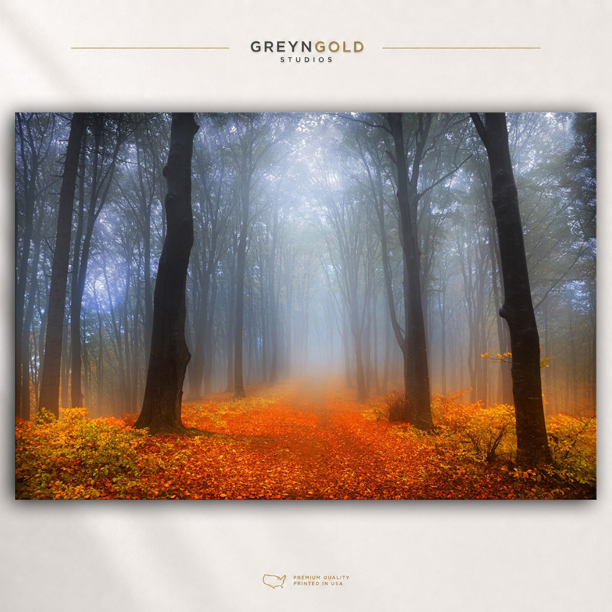 Misty Autumn Forest Wall Art Poster, Foggy Woodland Path Print, Orange Fall Nature Poster, Scenic Forest Decor, Cozy Cabin Bedroom Wall Art Premium Poster Print - Pick Size