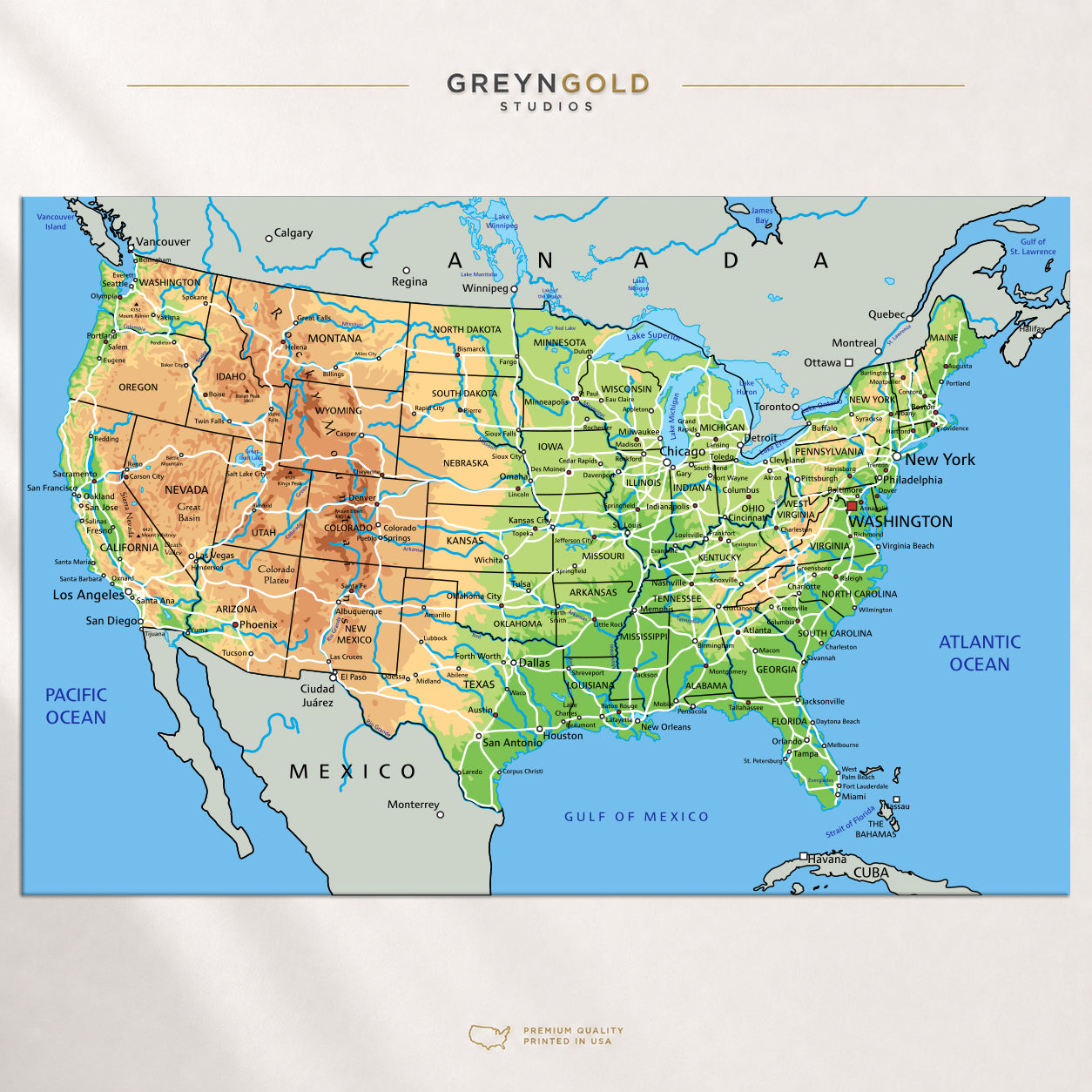 USA Map Poster Wall Art – United States Educational Map, American Geography Print, States & Cities Classroom Decor, Kids Learning Poster Premium Poster Print - Pick Size