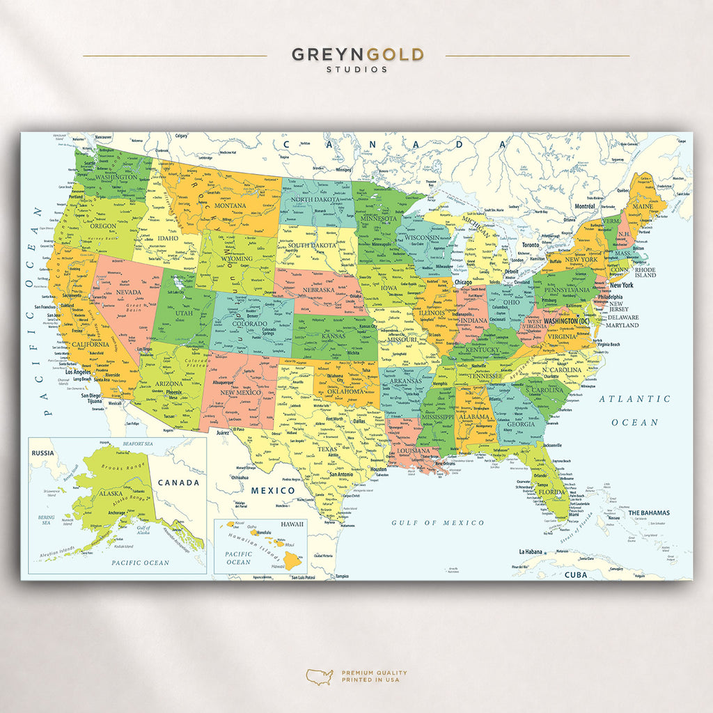 United States Educational Map Wall Art, USA Detailed Political Map Poster, American Geography Print, States & Cities Classroom Decor, Kids Learning Poster Premium Poster Print - Pick Size