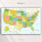 United States Educational Map Wall Art, USA Detailed Political Map Poster, American Geography Print, States & Cities Classroom Decor, Kids Learning Poster Premium Poster Print - Pick Size
