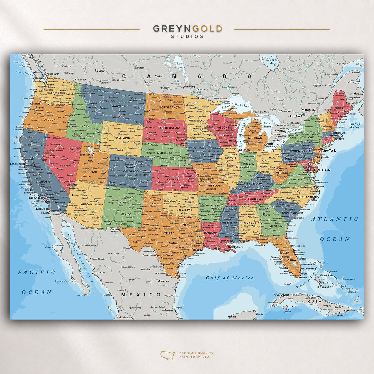 USA Political Map Poster Wall Art – States & Cities Detailed Map, American Geography Print, Classroom Decor, Kids Learning Poster Premium Poster Print - Pick Size